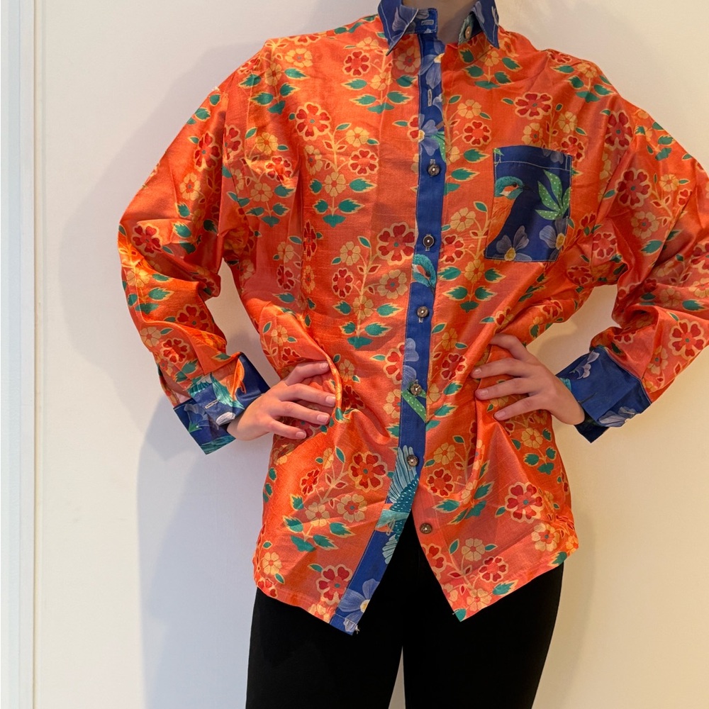 Vibrant Orange Floral 100% raw silk Button-Up Shirt